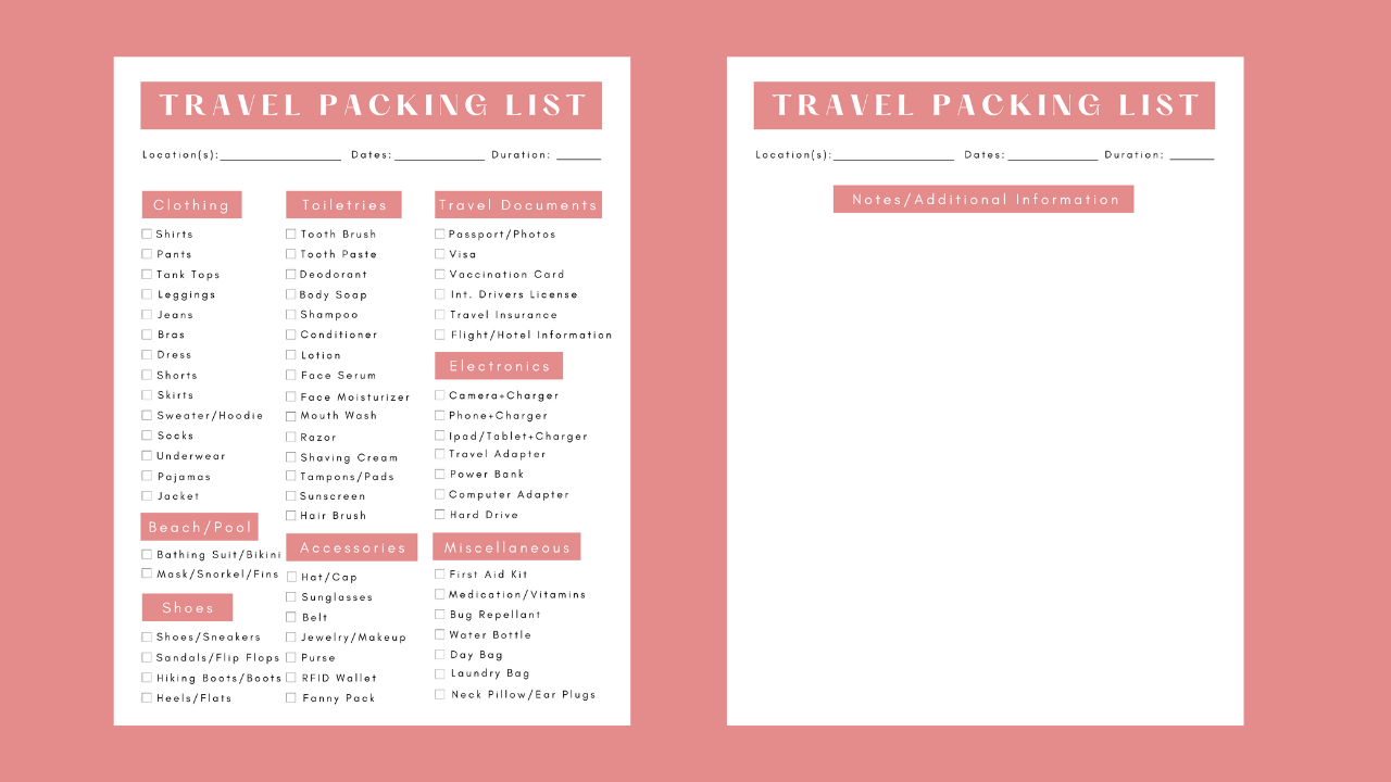 Travel Packing List (Pink)